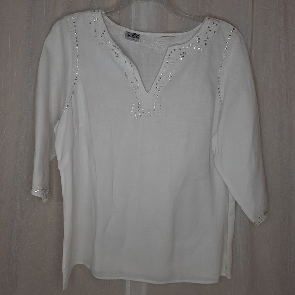 Irishlinen White Linen Blouse with sequin design - Picture 1 of 8